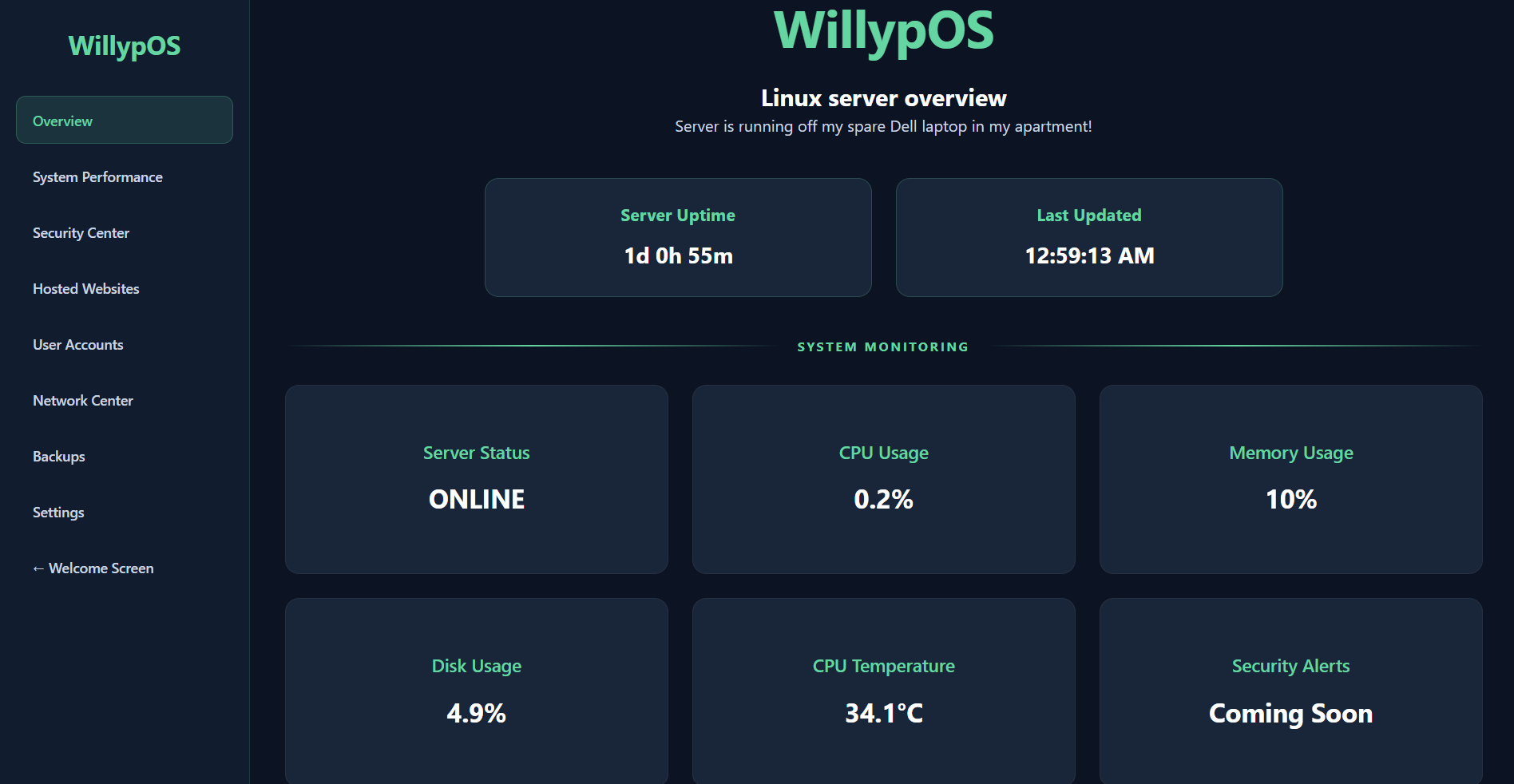 WillypOS Linux server monitoring dashboard